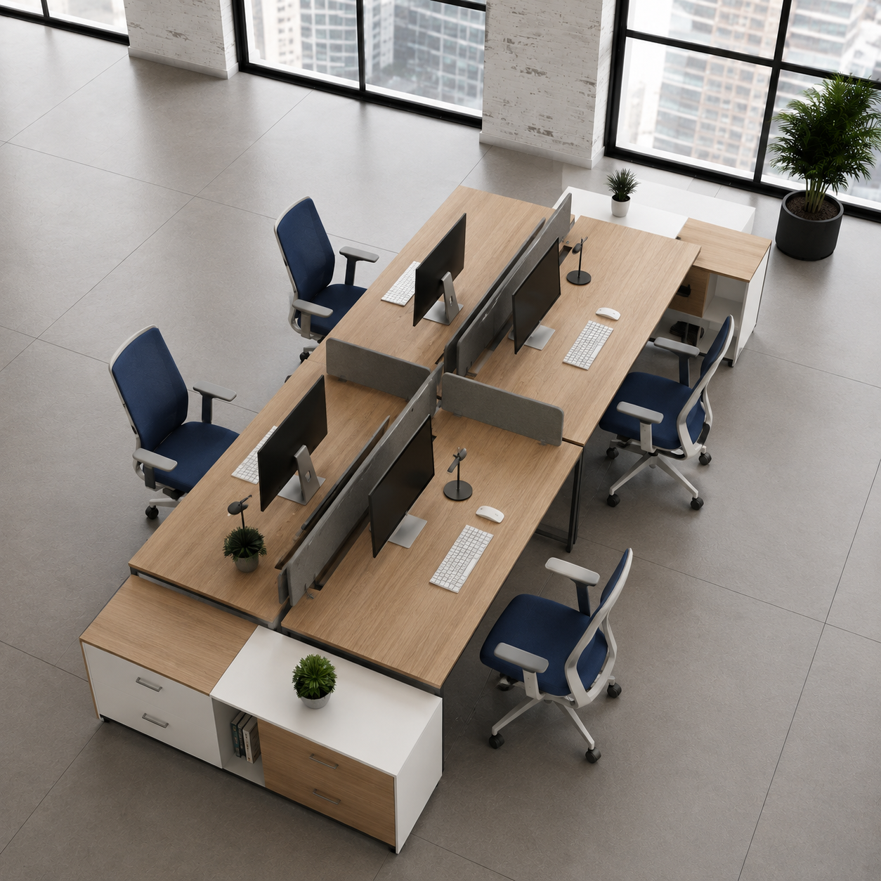 Commercial office space planning with workstations and furniture